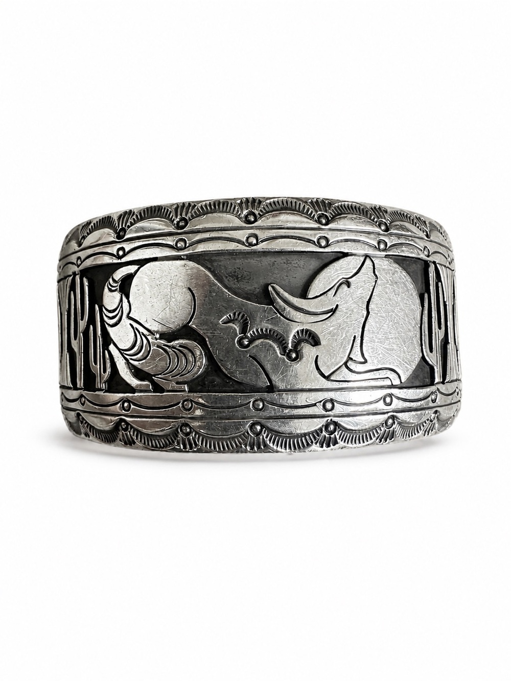 Signed GN Sterling Silver Storyteller Coyote Wide Cuff Bracelet